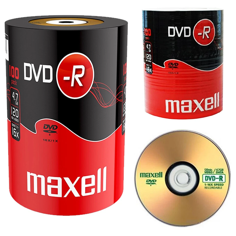 GENUINE MAXELL DVD-R 100 PACK BLANK DISCS RECORDABLE DVD 16x 4.7GB 120 MINS PC