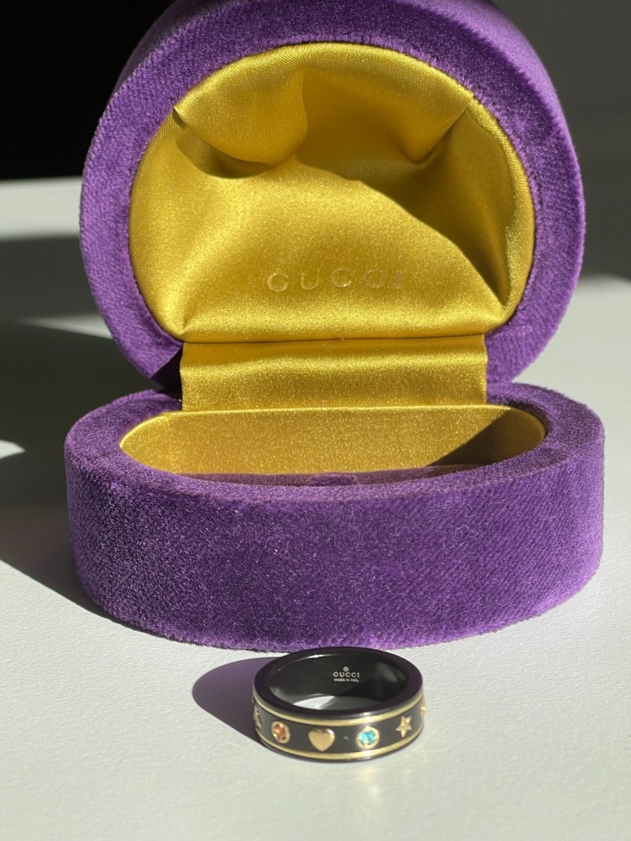 18K Gold Gucci Icon Ring with Black Band and Topaz Gemstones 18K Gold Gucci Icon Ring with Black Band and Topaz Gemstones