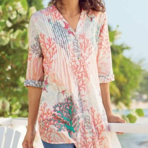 Soft Surroundings Tunic Top Malha Cotton cover up V-Neck Corals Print sz XS - Picture 2 of 10