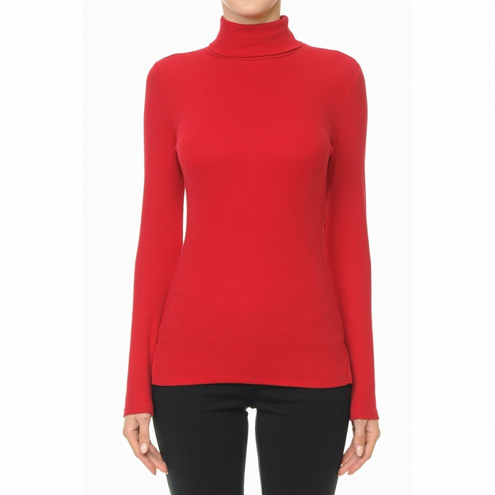 Women's Long Sleeve Turtleneck Ribbed Knit Top – Solid Stretch T-Shirt (Black, White, Navy, Gray, Wine Red)