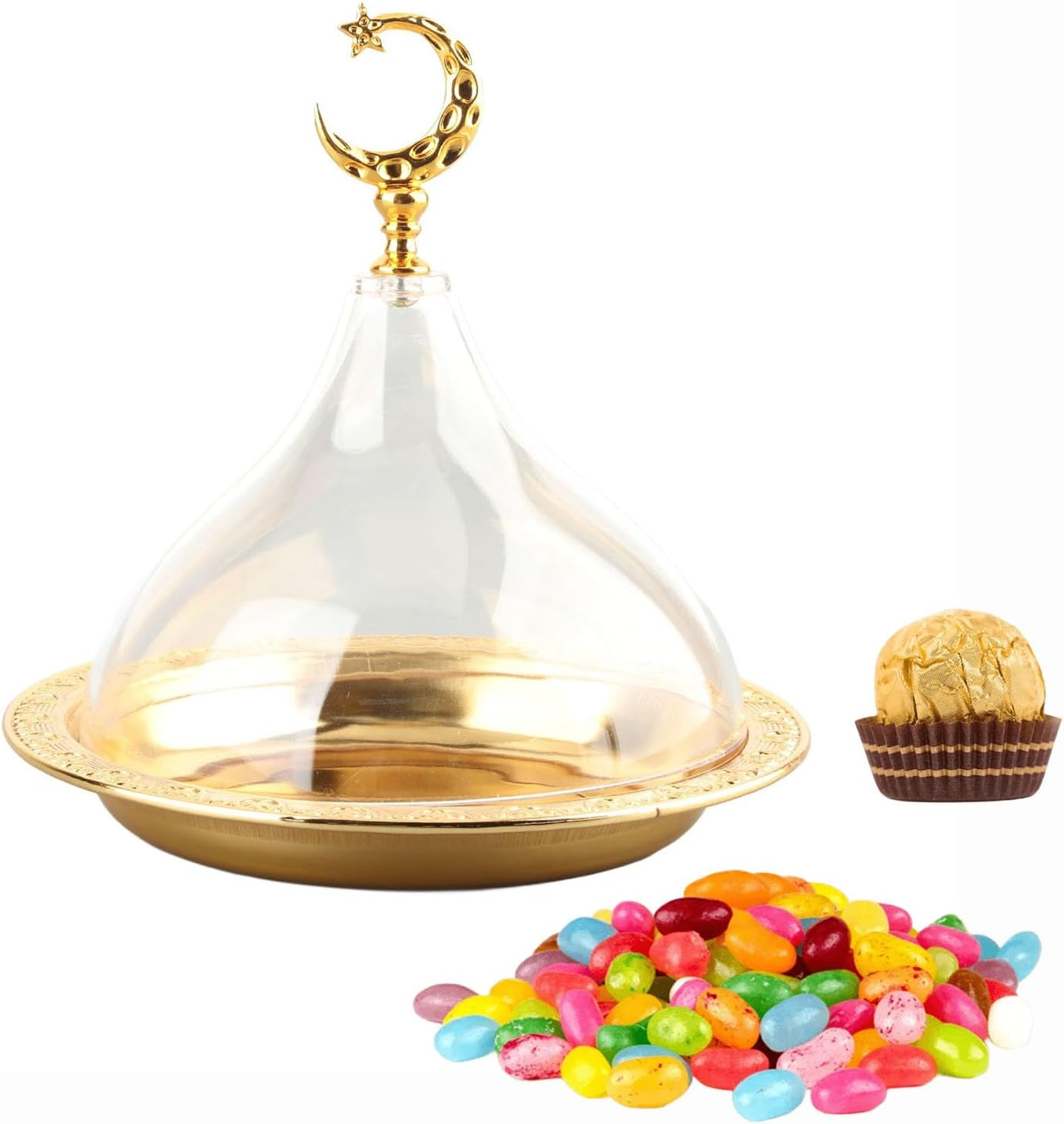 Snack Serving Tray, Metal Ramadan Tray with Clear Dome Lid Mini Cake Candy Tray