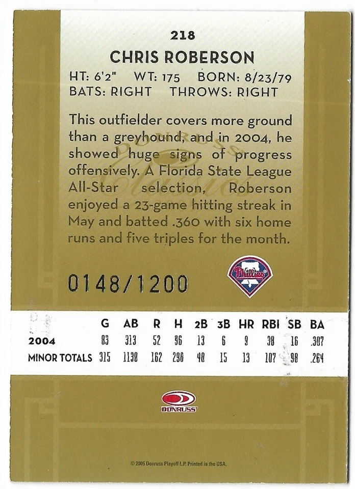 Chris Roberson 2005 Donruss Classics Autograph Rookie #218 /1200 Phillies Insert - Image 2 of 2