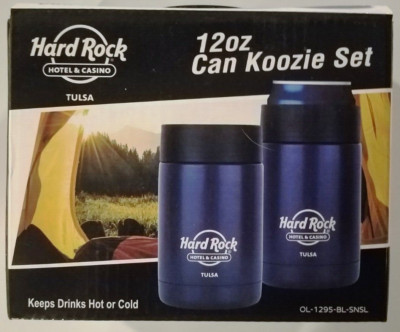 Hard Rock Hotel Casino Tulsa Can Koozie Set of 2, Hot or Cold 12 oz Blue w/Logo