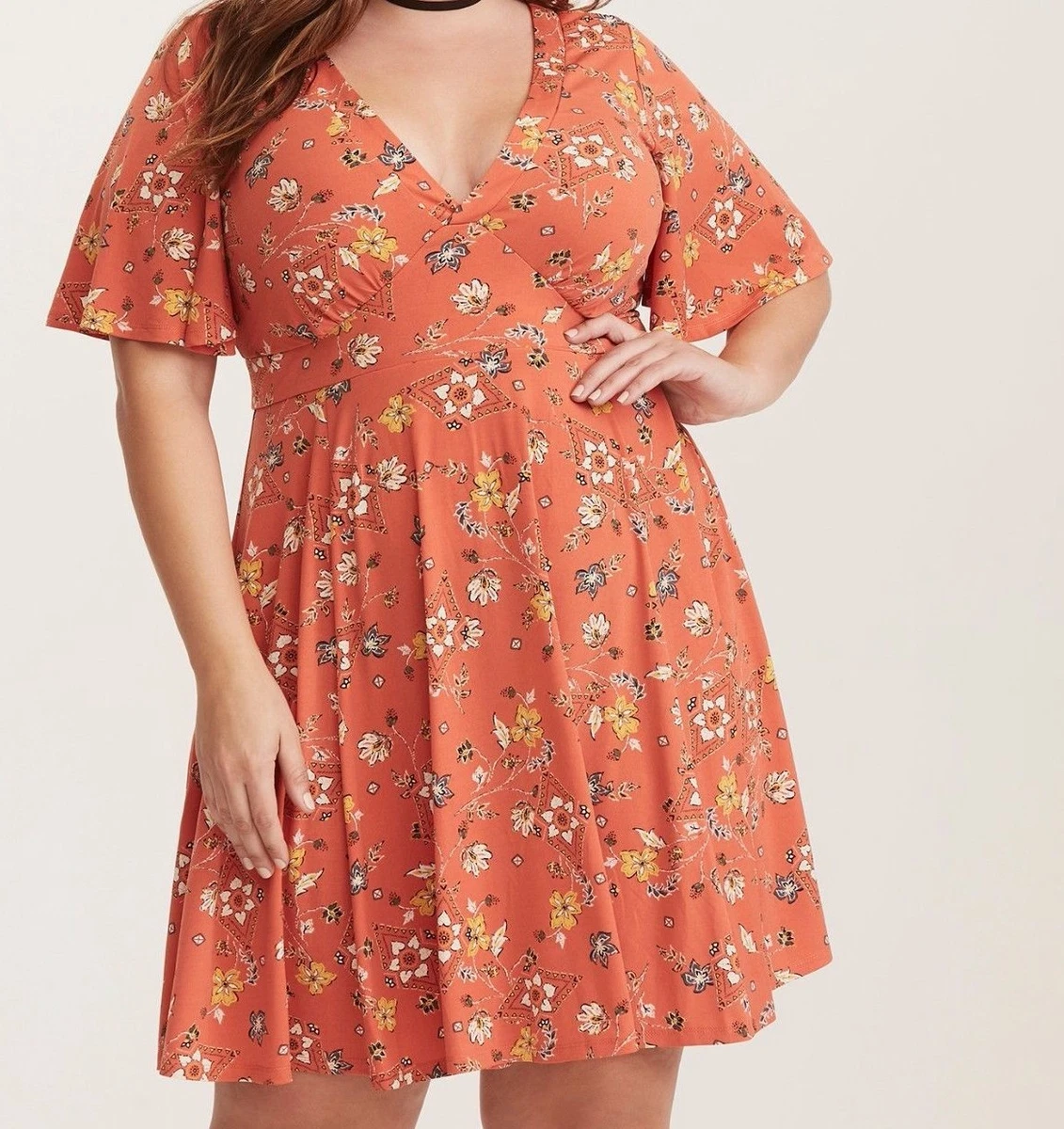 Torrid Orange Floral Print Flutter Sleeve Dress Sz 00 24285