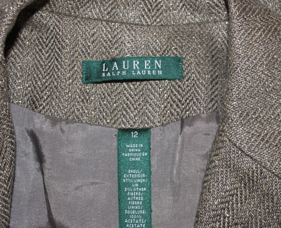 Ralph Lauren Sz 12 Green Gold Metallic Herringbone Jacket Blazer Linen L - Image 4 of 4