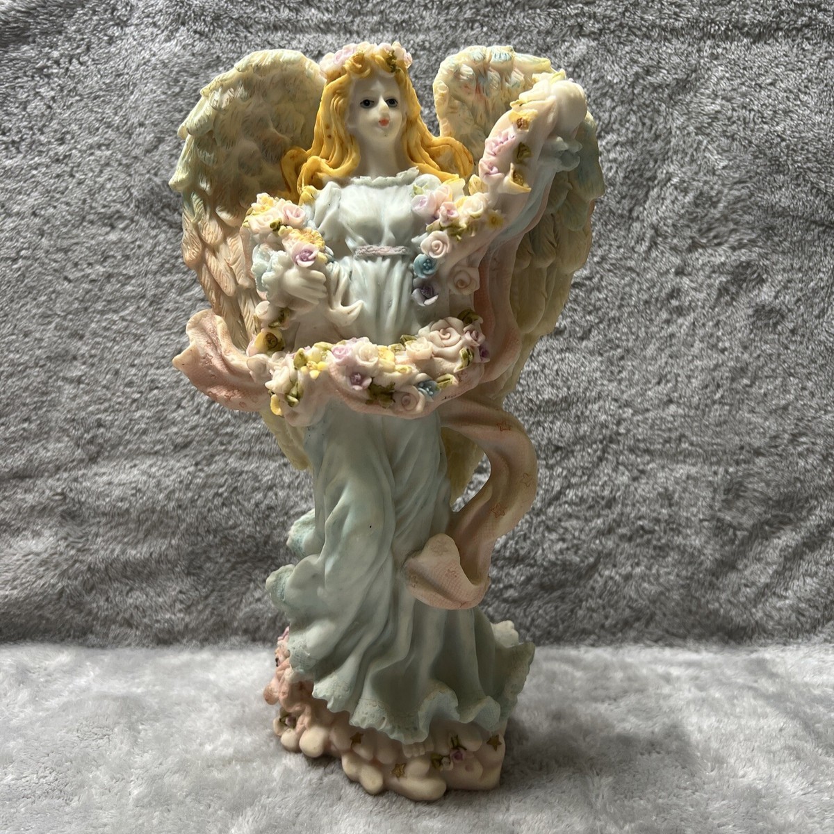 Vintage Resin Heavy Angel Figurine Holding Flowers 9.25