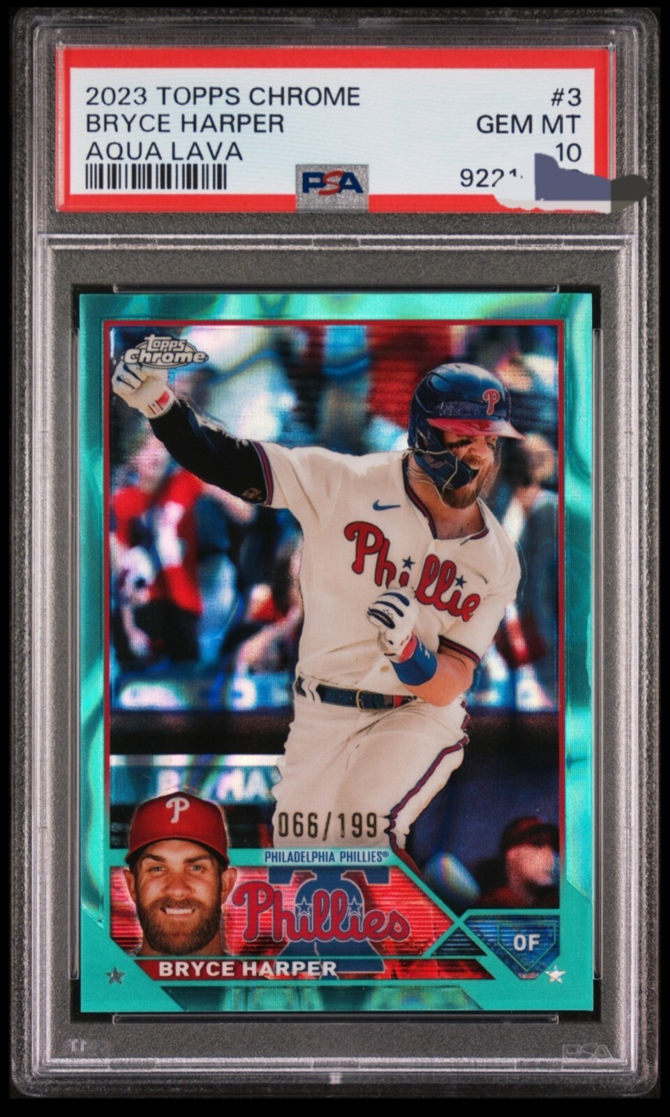 2023 Topps Chrome Bryce Harper # 3 Short-Print Aqua Lava Ref #/199 PSA 10 Pop 4