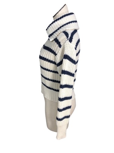 American Eagle Sweater Cropped Half Zip Navy Stripes Nautical Cowl Neck Preppy - Picture 5 of 13