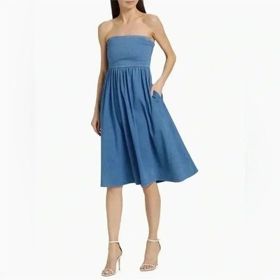 Susana Monaco Stretch Denim Tube Gathered Flare Dress Light Denim / S