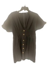 Black Short A-Line Dress, Button Accents V-Neck, Short Sleeve M Modern Classy