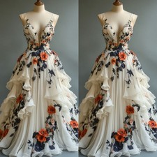 Vinatge Champagne V-Neck Wedding Dresses Lace 3D Florals Tiered Bridal Gowns