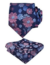 Mens 3.15'' Natural Flower Pattern Tie with Floral Pocket 146-navy pink blue