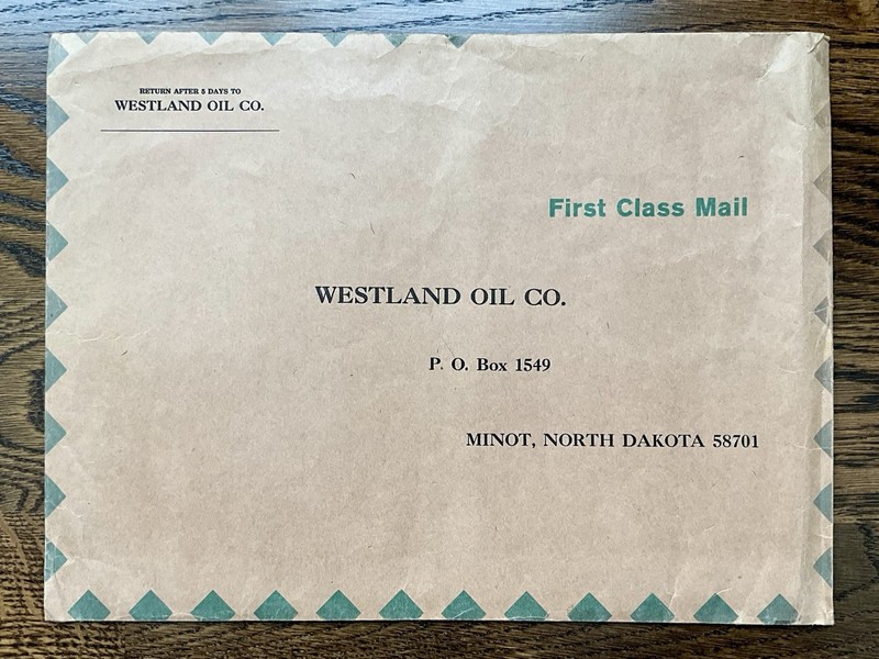 Vintage Westland Oil Co Envelope Minot ND Gas Petroleum Advertising