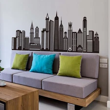 Black City Skyline Wall Stickers - City Building Silhouette Wall Decals - Boy...
