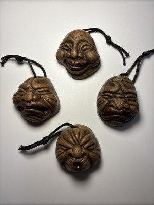 Vintage Japanese Ceramic Clay Faces Lot Of 4 - Various Face Expressions