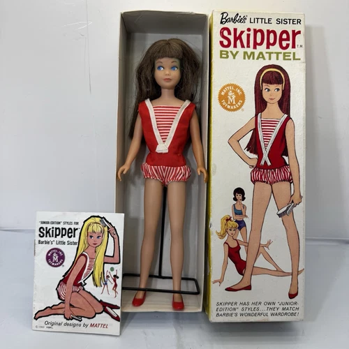 Vintage Skipper Doll Mattel Brunette #0950 Box & Stand, Fashion Book 1963 Japan