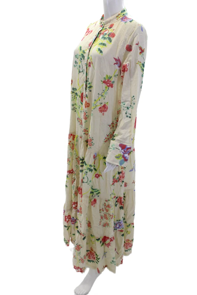 Lisa Corti Womens Cotton Tropical Print Buttoned Tiered Maxi Dress Beige Size M - Image 2 of 4