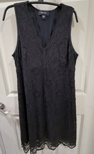 Karen Kane Black Stretch Lace Sleeveless A-Line Dress, Embellished V Neck Size L