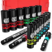 17 Piece 1/2" Drive Deep Impact Socket Set, 3/8" to 1-1/4", Include 3", 5", 1...