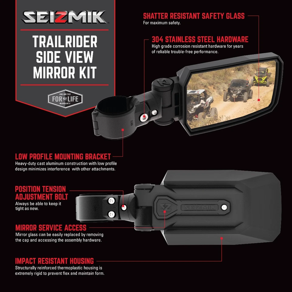 Seizmik Trailrider Side View Mirror Set for 1.75 Inch Round Tube UTV Models - Image 2 of 4