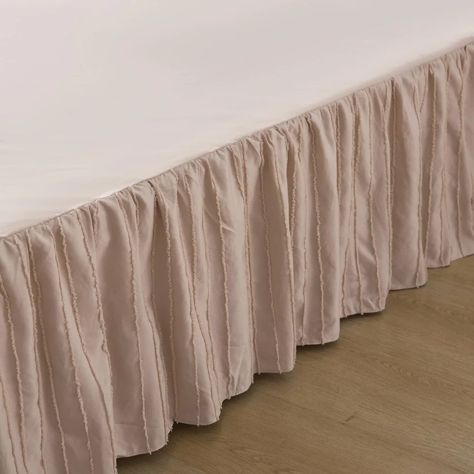 Saia de cama, gota de 14 polegadas, saia de cama estilo boêmio listrada queen size, rosa - Imagem 2 de 4