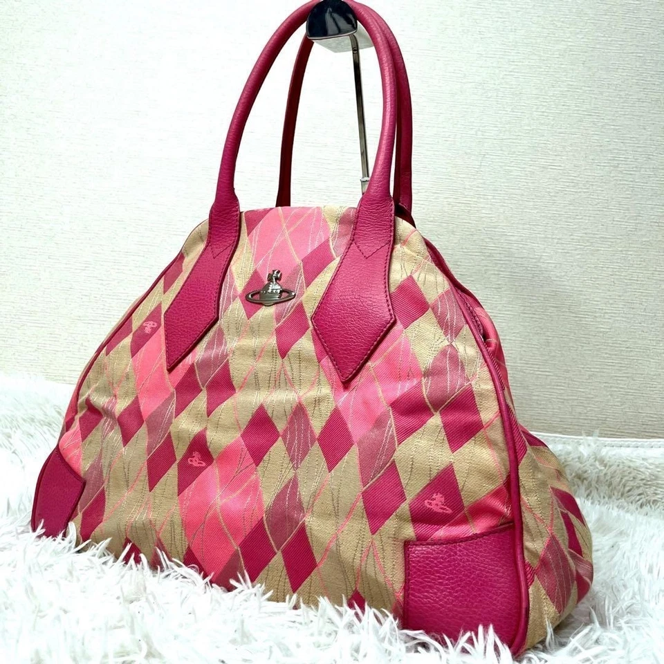 VIVIENNE WESTWOOD Yasmine Orb Pink Beige Leather Boston bag with Diamond Pattern - Image 3 of 4