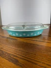 Vintage Pyrex Turquoise Snowflake 1.5 Quart Divided Casserole Dish with Lid