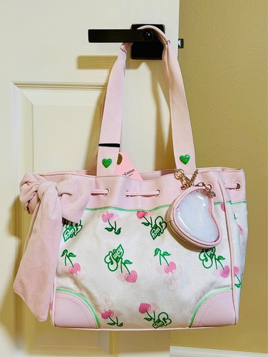 JUICY COUTURE Cream Multi RETRO JUICY CHERRY Velour TOTE Bag & HEART Pouch NWT