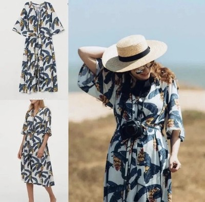 DESMOND & DEMPSEY H&M Sm Linen-Blend Kaftan Midi Belted Button Up Tropical Dress