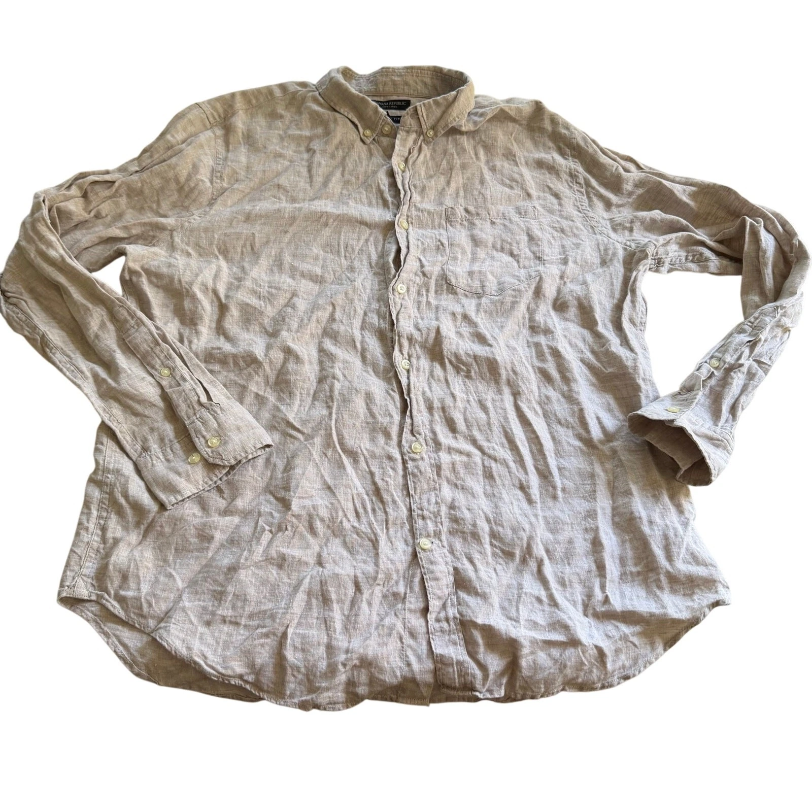 Banana Republic Tan 100% Linen Camden Fit Long Sleeve Button Down Sz XL