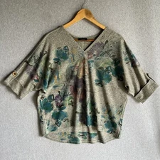 Inoah Abstract Wearable Art to Wear Gray Top V-Neck 3/4 Sleeve Woman’s Large