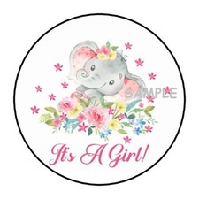 30 IT'S A GIRL BABY SHOWER ENVELOPE SEALS LABELS STICKERS 1.5" ROUND ELEPHANT