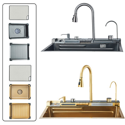29.5 in Flying Rain Waterfall Kitchen Sink w Pull Down Faucet  Stainless Steel
