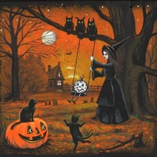 10X10 PRINT OF PAINTING RYTA HALLOWEEN WITCH BLACK CAT HAUNTED HOUSE Folk Art 🎃