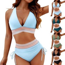 Womens High Waisted Bikini Sets Tummy Control Two Piece Color Block Swimsuits