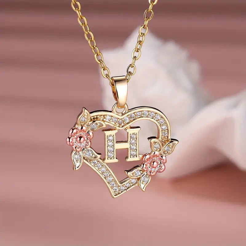 Fashion Letter H Love Heart Necklace Flower Rose Golden Necklace