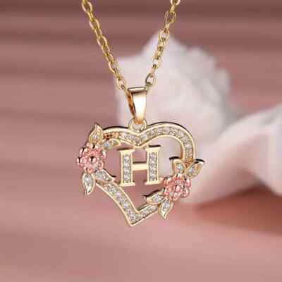 Fashion Letter H Love Heart Necklace Flower Rose Golden Necklace