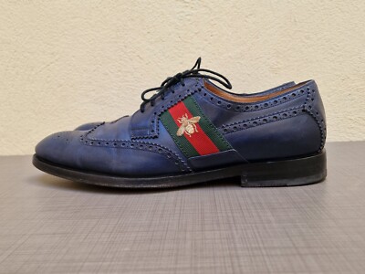 Gucci Navy Blue Oxford Bee Embroidered 407300 Men Shoes Size US 12.5 | EU 46