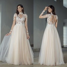 Luxury A-Line Wedding Dresses High Neck Long Sleeved Lace Appliques Bridal Gowns