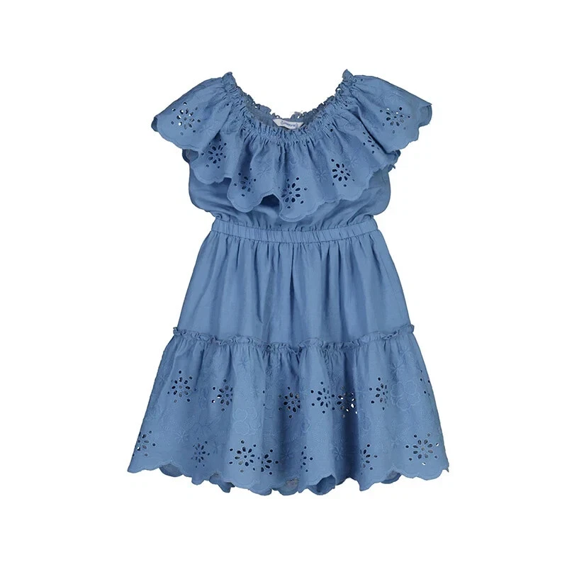 Mayoral Porcelain Eyelet Motif Cotton Dress Blue Ruffle Embroidered Girl's 7 - Image 2 of 4