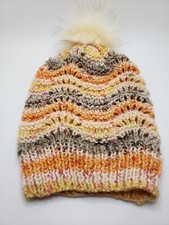 wool Knit Handmade Orange&yellow&gray Beanie One Size With Pom Pom Made In USA