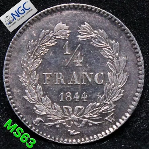 1844-W FRANCE 1/4 FRANC .NGC MS 63, sole graded, top pop