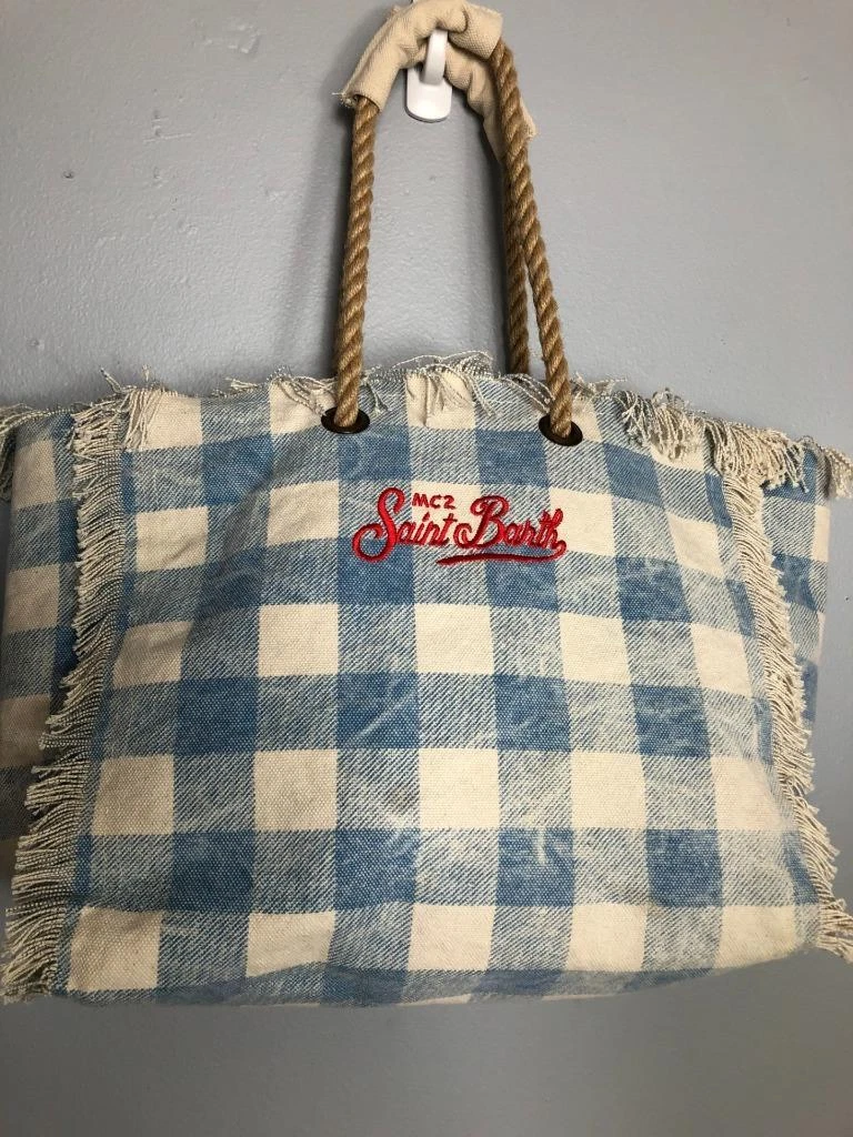 MC2 St. Barth canvas logo fringe Tote Blue/White Check Ladies