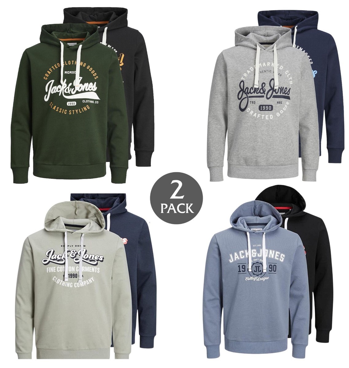 Mens Hoodies 2 Pack Jack Jones Pullover Long Sleeve Hooded Top Sweatshirt S 2XL eBay