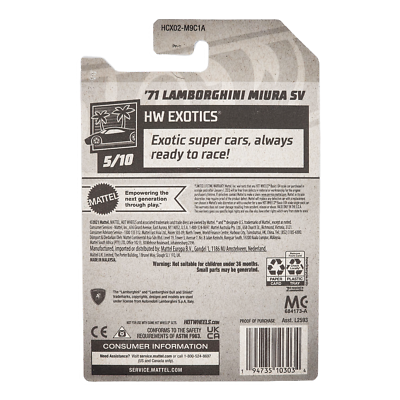 HOT WHEELS '71 Lamborghini Miura SV HW Exotics P400 Blue Car HCX02