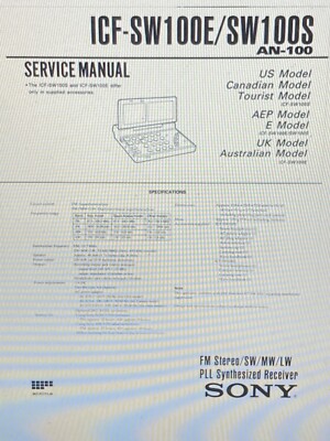 Sony Icf-sw100e Sw100s Fm Stereo Sw Mw Lw PLL Receiver Service Manual Digital