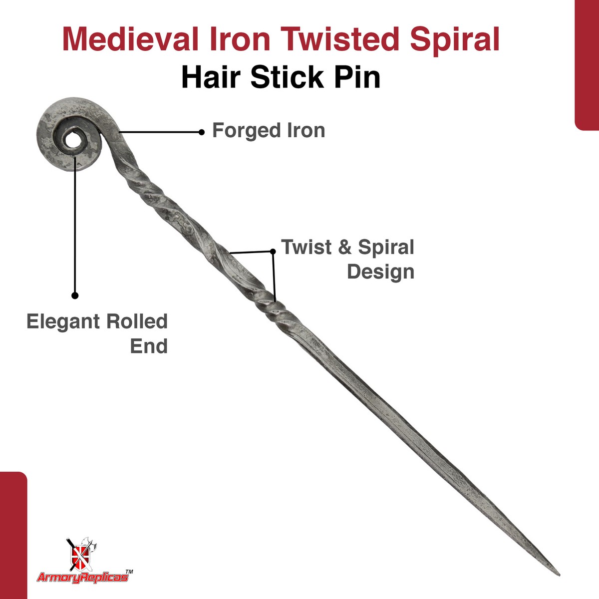 Forged Iron Twisted Spiral Hair Stick - Medieval Hair Pin for Everyday Wear Charming Countess Everyday Wear Forged Iron Twisted Spiral  main image 2