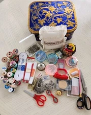 Vintage Sewing Basket/ Tin Box With Vintage Notions
