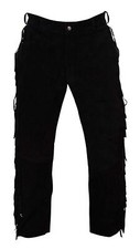 Mens Real Buckskin Suede Leather Black Pant Fringes Red Indian Reenactment