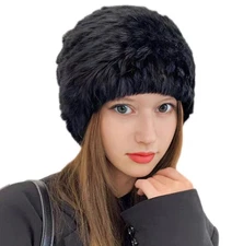Women's Rabbit Fur Hat Knitted Fluffy Beanie Winter Furry Fur Hat Outdoor